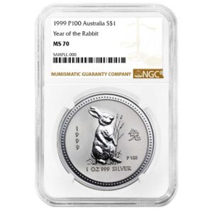 1999 S$1 Australia Year of the Rabbit .999 1 Oz Silver Coin NGC MS70 Brown Label
