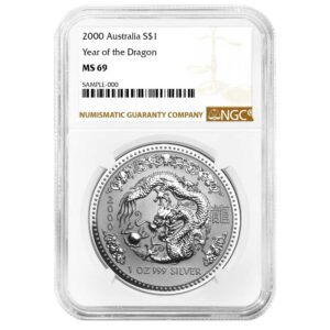 2000 Australia S$1 Year of the Dragon .999 1 Oz Silver Coin NGC MS69 Brown Label