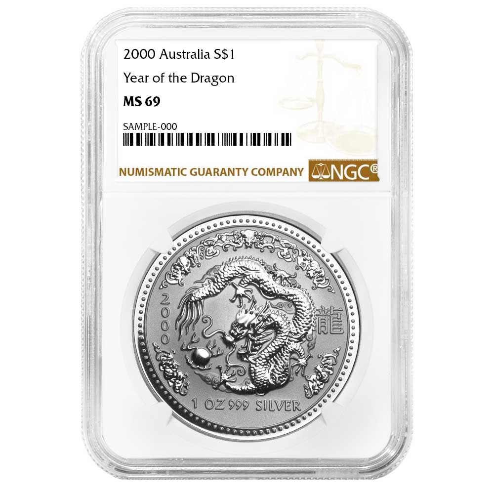 2000 Australia S$1 Year of the Dragon .999 1 oz Silver Coin NGC MS69 Brown Label