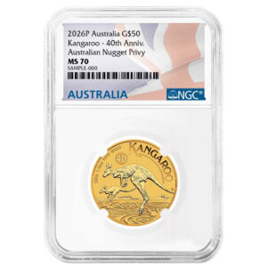 2026 $50 Australia Gold Kangaroo 1/2 oz 40th Anniversary NGC MS70 Australian Flag Label