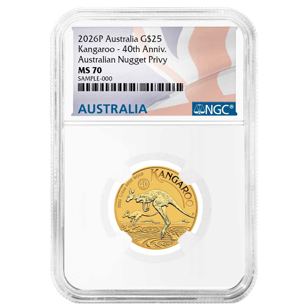 2026 $25 Australia Gold Kangaroo 1/4 oz 40th Anniversary NGC MS70 Australian Flag Label
