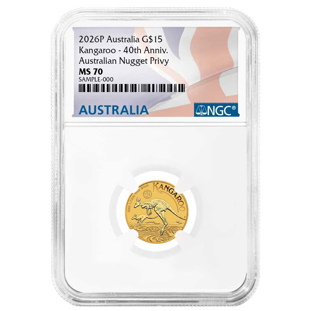 2026 $15 Australia Gold Kangaroo 1/10 oz 40th Anniversary NGC MS70 Australian Flag Label