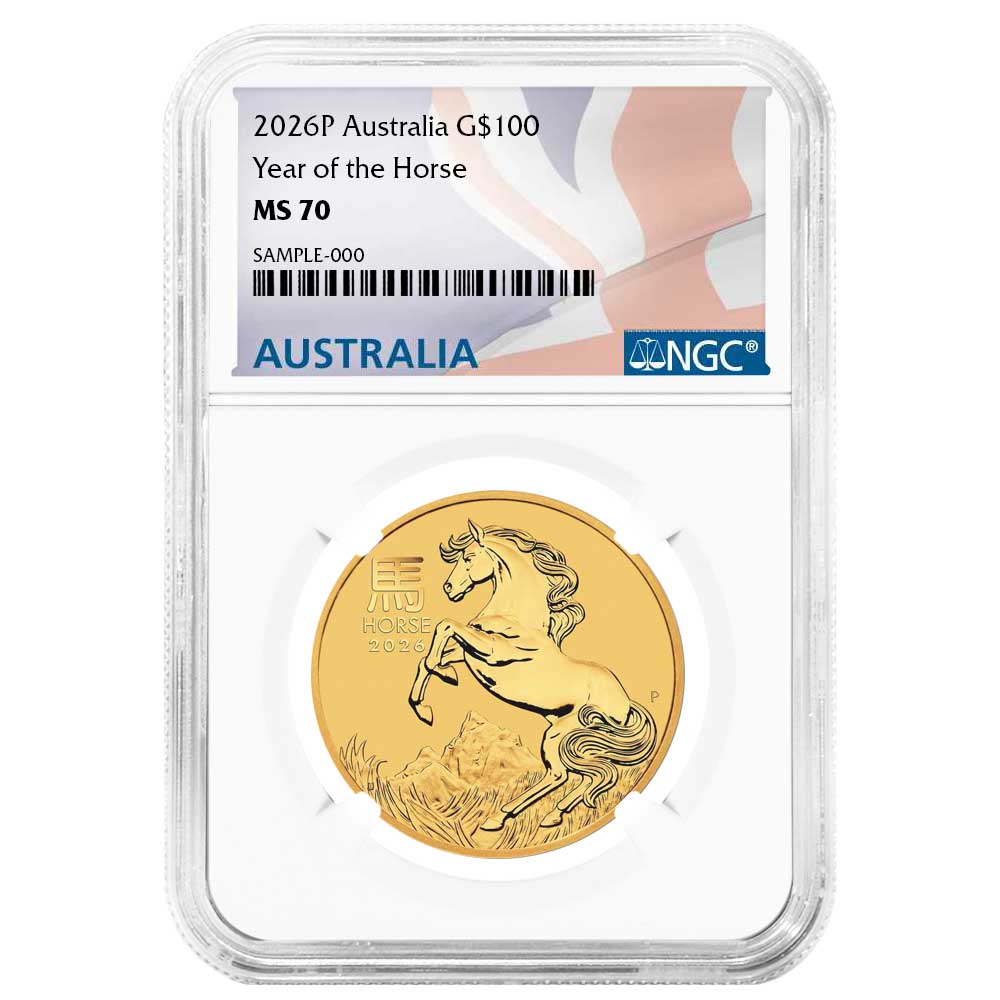 2026 $100 Australian 1 oz Gold Lunar Horse NGC MS70 Australian Flag Label