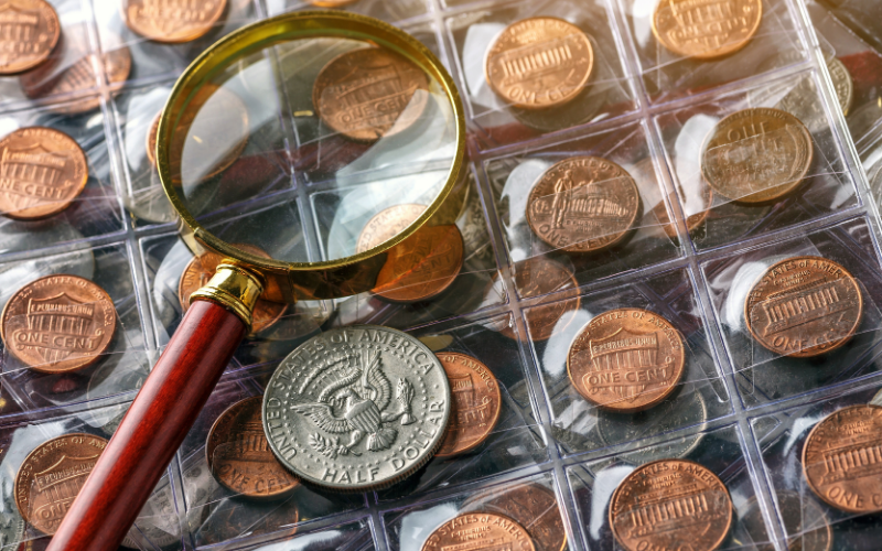 A professional performing coin grading on a mint state coin
