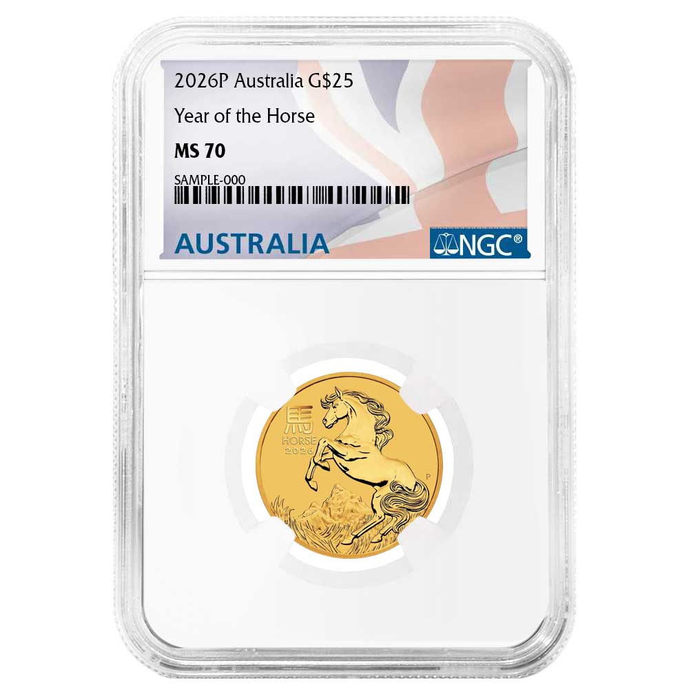 2026 $25 Australia Lunar Gold Year of the Horse 1/4 oz NGC MS70 Australian Flag Label