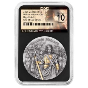 2026 $5 Niue William Wallace 2 oz High Relief Silver Antiqued and Gold NGCX MS10 Legendary Warriors Label Retro Core