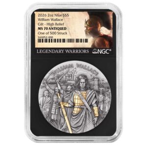 2026 $5 Niue William Wallace 2 oz High Relief Silver Antiqued and Gold NGC MS70 Legendary Warriors Label Retro Core