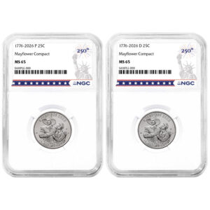 2026 25c Semiquincentennial Quarter Mayflower Compact 2pc Set NGC MS65 250th Statue of Liberty Label