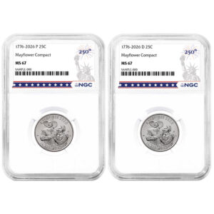 2026 25c Semiquincentennial Quarter Mayflower Compact 2pc Set NGC MS67 250th Statue of Liberty Label