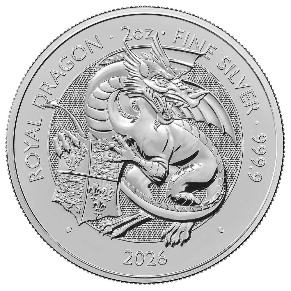 2026 U.K. 5 Pound 2 oz Silver Tudor Beast Royal Dragon Brilliant Uncirculated