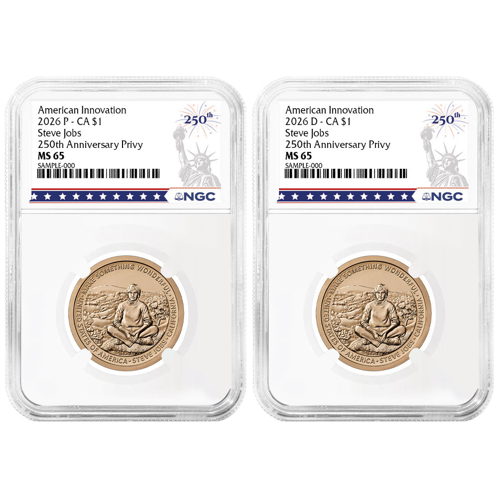 2026 $1 American Innovation Clad Dollar California Steve Jobs 2pc Set NGC MS65 250th Statue of Liberty Label
