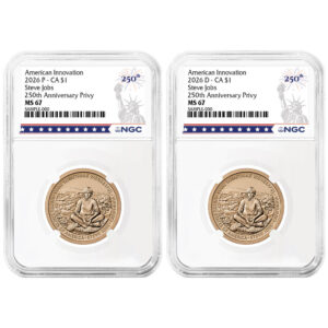 2026 $1 American Innovation Clad Dollar California Steve Jobs 2pc Set NGC MS67 250th Statue of Liberty Label