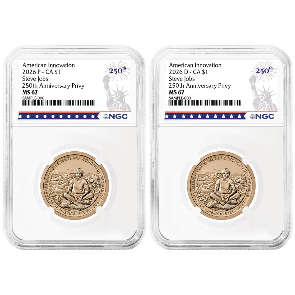2026 $1 American Innovation Clad Dollar California Steve Jobs 2pc Set NGC MS67 250th Statue of Liberty Label