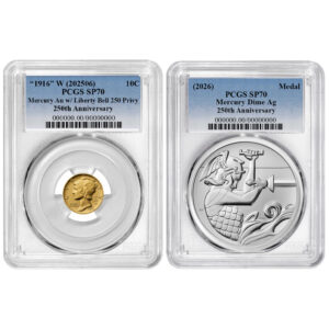 Best of the Mint Gold Mercury Dime and Silver Medal 2pc Set PCGS SP70 Blue Label