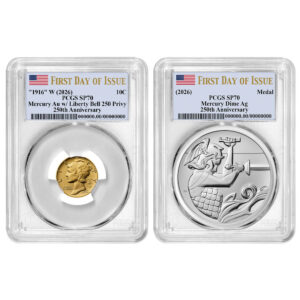 Best of the Mint Gold Mercury Dime and Silver Medal 2pc Set PCGS SP70 FDOI Flag Label