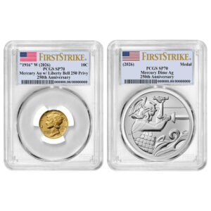 Best of the Mint Gold Mercury Dime and Silver Medal 2pc Set PCGS SP70 FS Flag Label