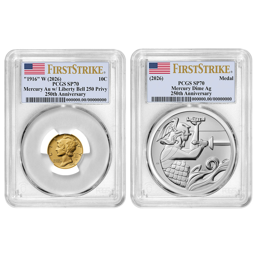 Best of the Mint Gold Mercury Dime and Silver Medal 2pc Set PCGS SP70 FS Flag Label
