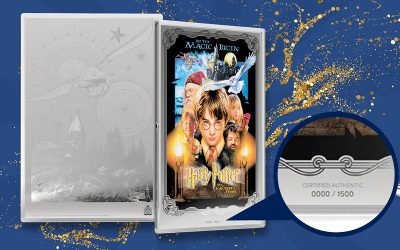 Image featuring an Agoro Harry Potter silver collectable foil, showing the front and back designs, including the mintage number