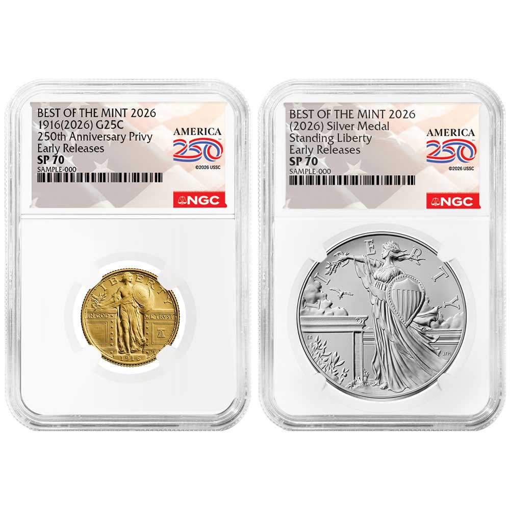 2026 Best of the Mint Gold Standing Liberty Quarter Dollar and Silver Medal 2pc Set NGC SP70 ER American 250th Anniversary Label