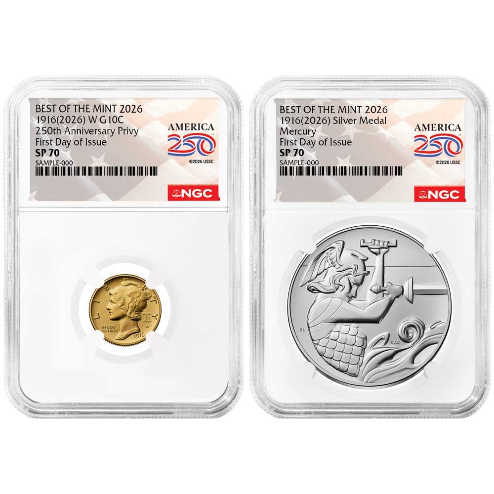 2026 Best of the Mint Gold Mercury Dime and Silver Medal 2pc Set NGC SP70 FDI American 250th Anniversary Label