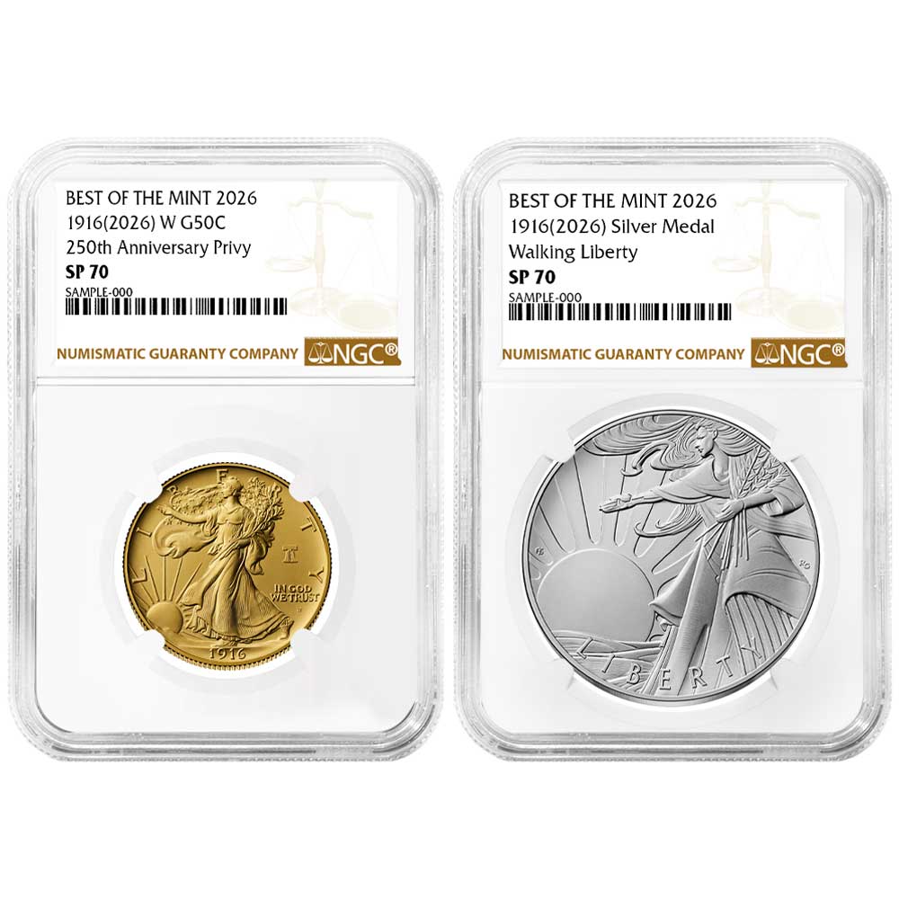 Presale – 2026 Best of the Mint Gold Walking Liberty Half Dollar and Silver Medal 2pc Set NGC SP70 Brown Label