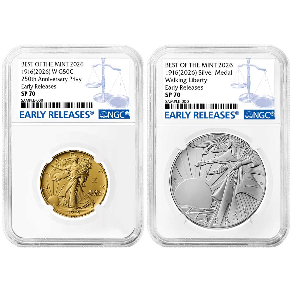 Presale – 2026 Best of the Mint Gold Walking Liberty Half Dollar and Silver Medal 2pc Set NGC SP70 ER Blue Label