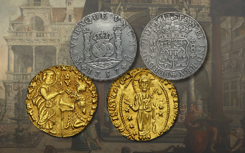 An image that features Venetian Ducats and Spanish Reales
