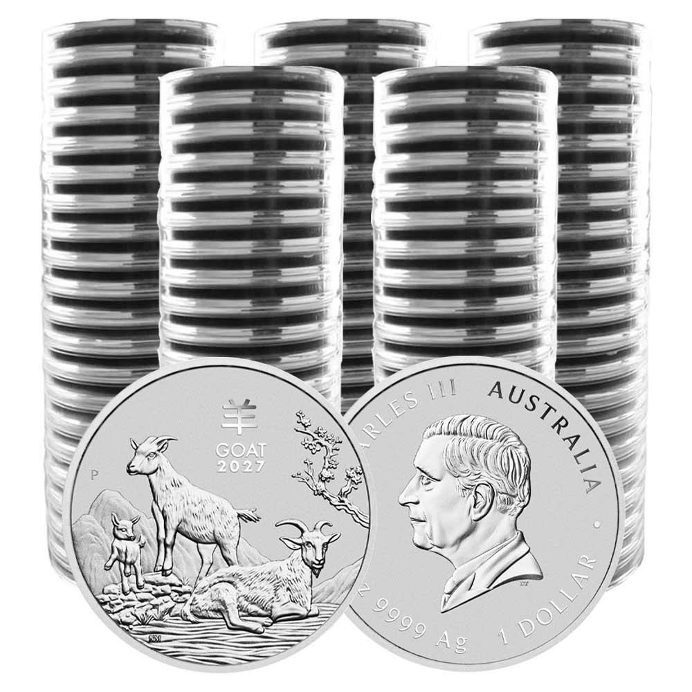 Lot of 100 – 2027 $1 Australian Silver Lunar Year of the Goat 1 oz BU