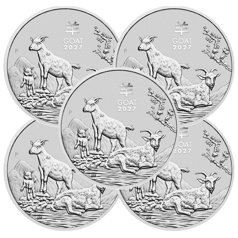 Lot of 5 – 2027 $1 Australian Silver Lunar Year of the Goat 1 oz BU