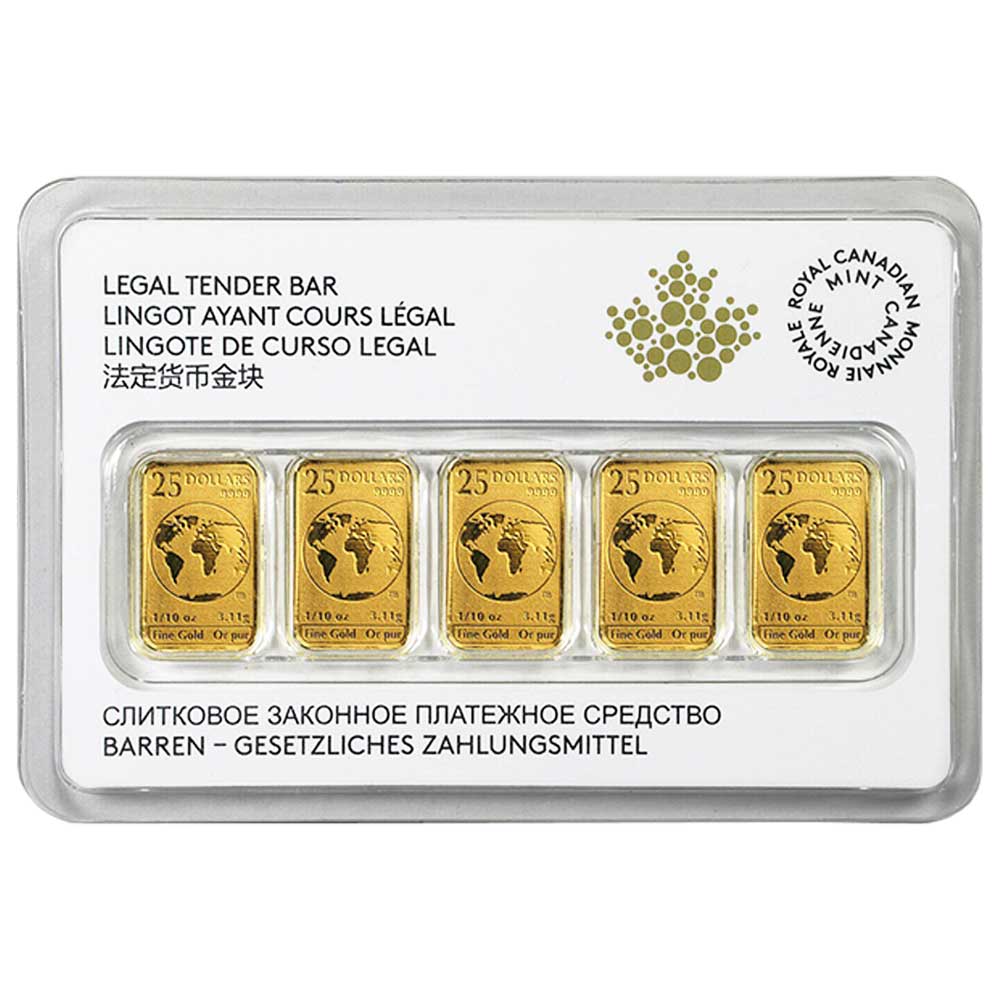 Canada 1/10 oz Gold 5-Bar Set In Assay .9999 Fine Random Year