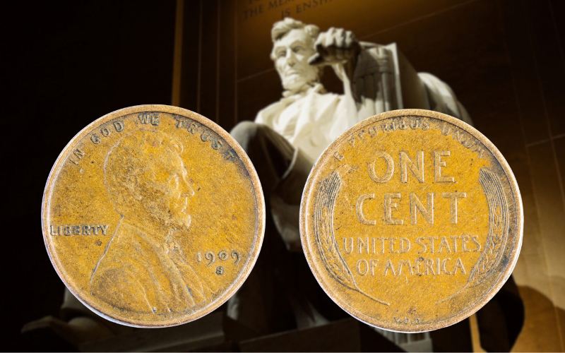 Front and back of a Lincoln Wheat Cent minted in 1909 with a picture of the Lincoln Memorial in the background