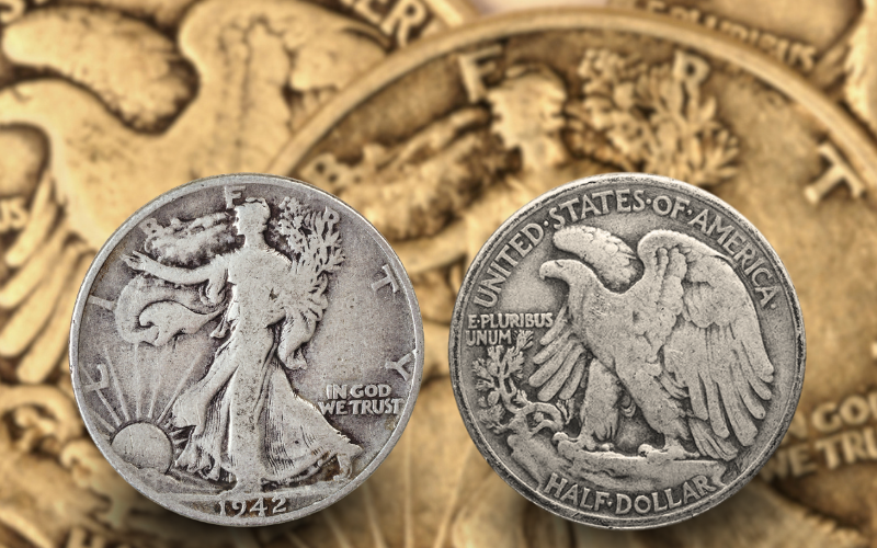 Front and back of a Walking Liberty Half Dollar minted in 1942 with an image in the background of an array of half dollars