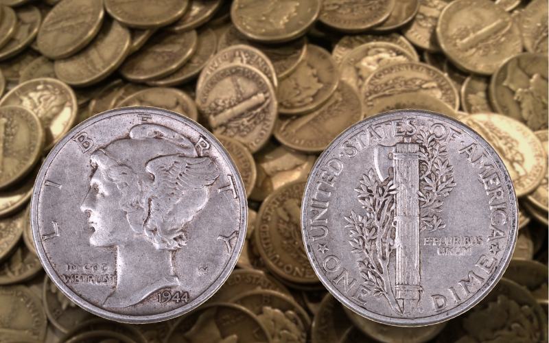 Front and back of a Mercury Dime minted in 1944 with a background image of a pile of mercury dimes