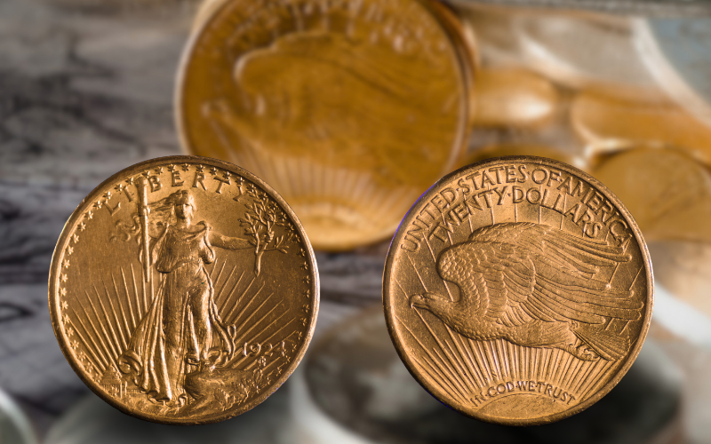 Front and back of a Saint-Gaudens $20 Double Eagle minted in 1924 with a background image of a double eagle coin stacked on a silver bar