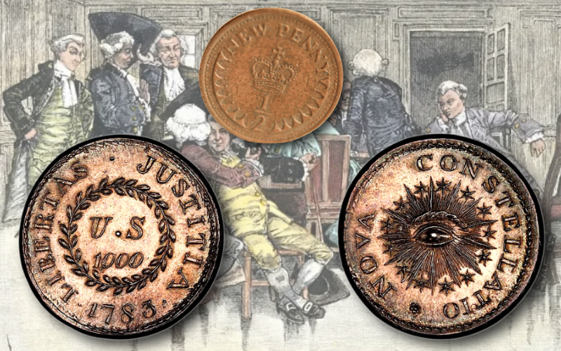 Examples of colonial era coins, front and back, over a painting of a revolutionary town hall meeting