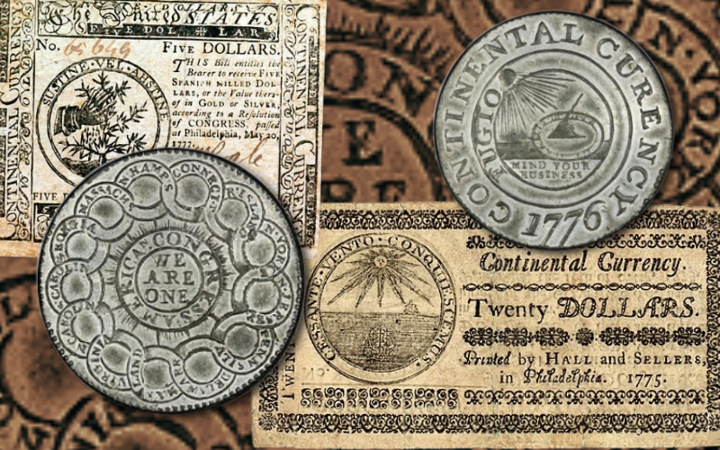 Examples of Continental Dollars, both in minted coin and paper notes