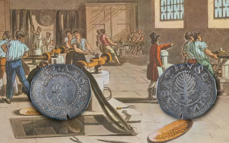 A Pine Tree Shilling, front and back, over a painting depicting coin manufacturing from the 1700's