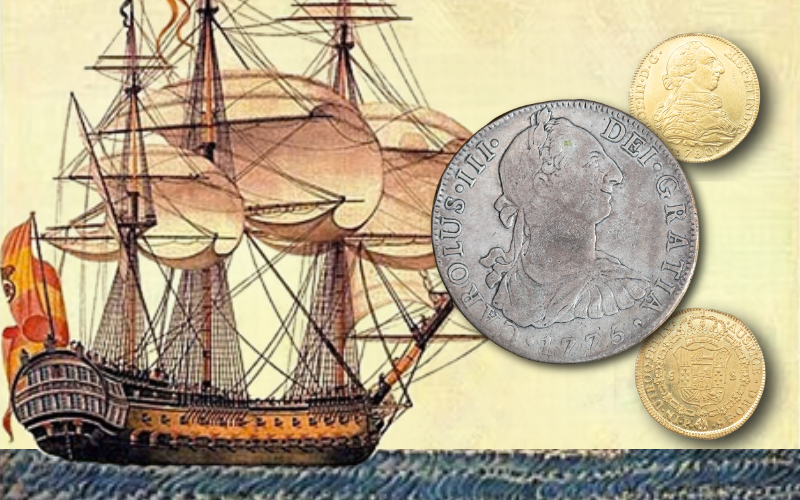 Spanish pieces of eight, front and back, over a painting of a Spanish sail boat