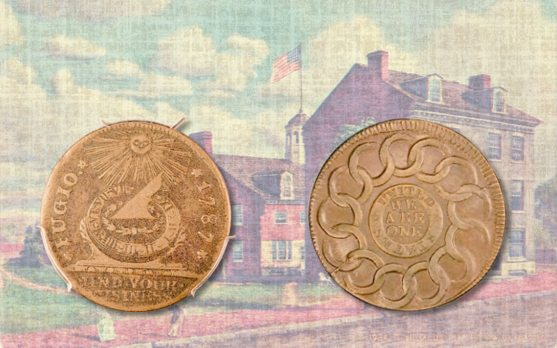 A Fugio Cent, front and back, over a painting of the first U.S. Mint in Philadelphia
