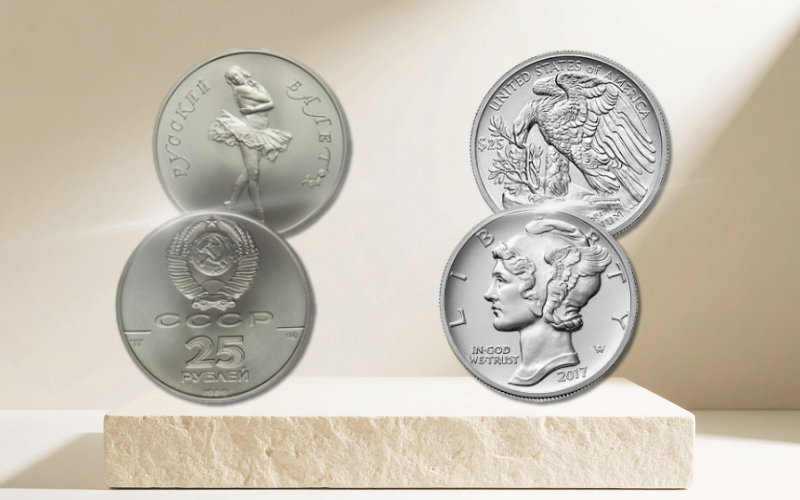 Front and back of two Palladium coins, over a marble slate
