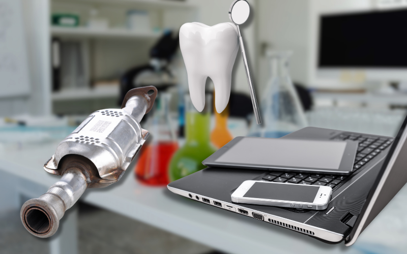 Examples of items using palladium, including a catalytic converter, electronic items, and a graphic of a tooth with a dental tool.