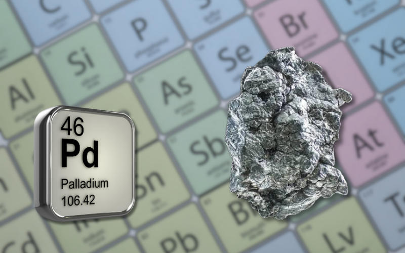 Piece of raw palladium over an image of the periodic table