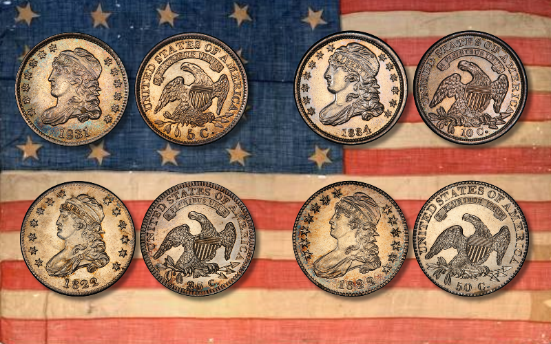 Four capped bust coins over an antique flag