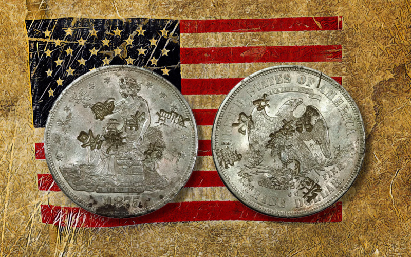 Front and back of a trade dollar with numerous chop marks stamped into the face of the coin, image of an antique flag in the background